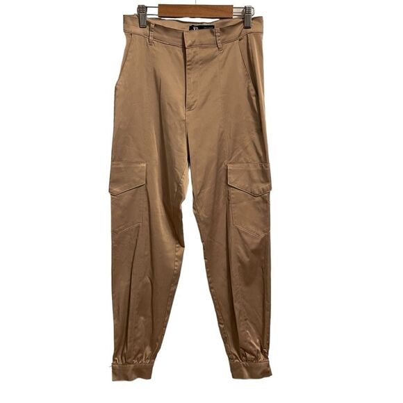 Zara Satin Tan Cargo Jogger High Rise Pants Small NWOT - Picture 1 of 6